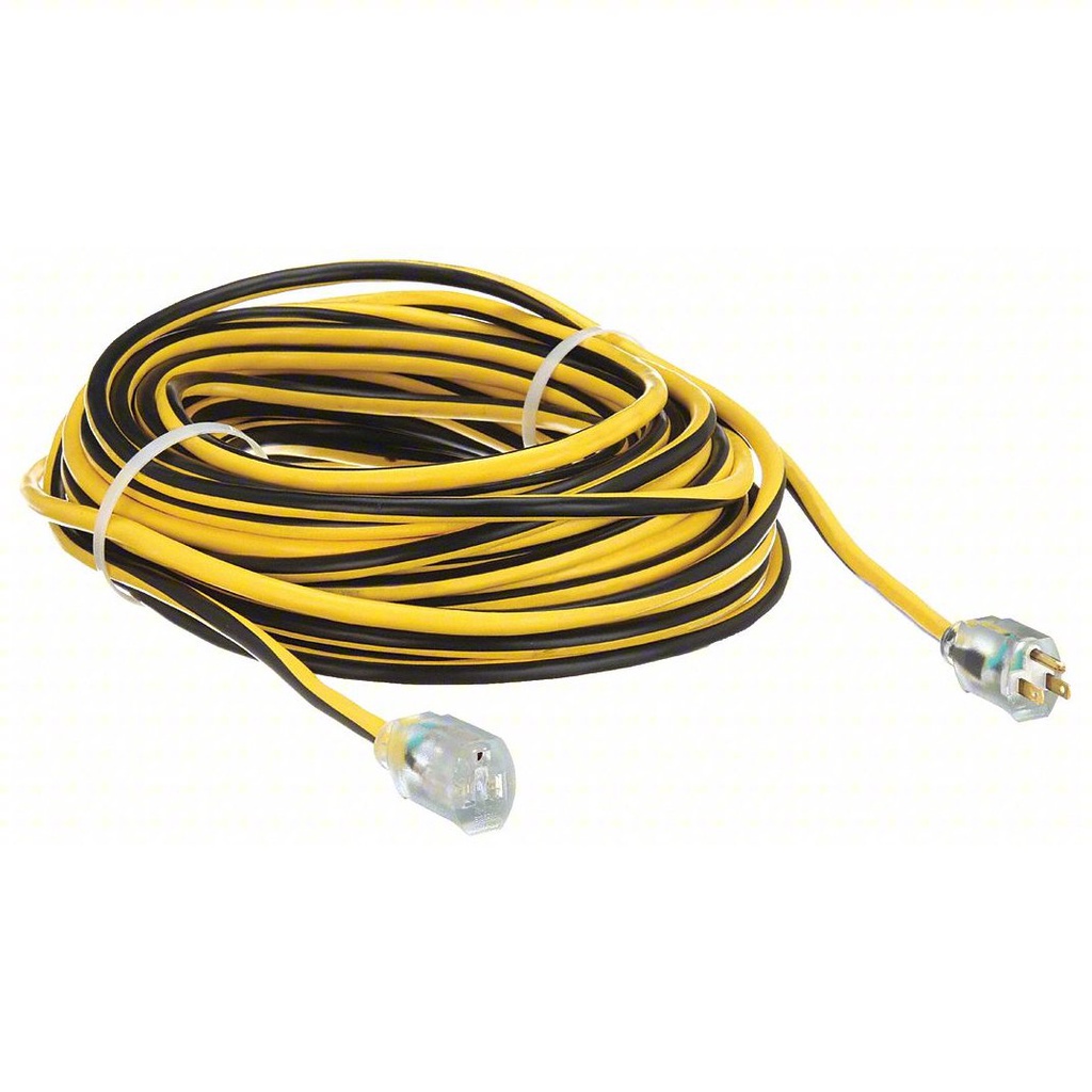 POWER FIRST Lighted Extension Cord: 100 ft Cord Lg, 12 AWG Wire Size, 12/3, SJTW, NEMA 5-15P